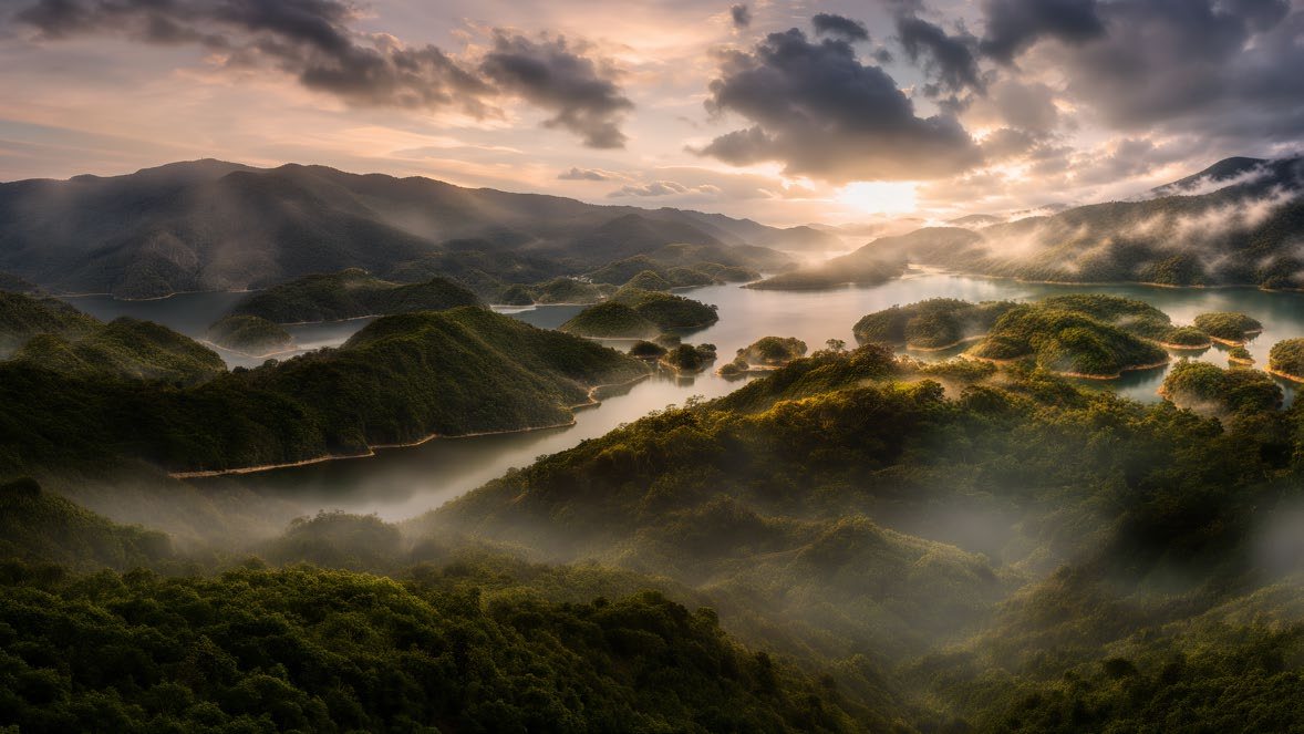 Misty hills and reservoir at Thenmala, Kerala, at sunrise