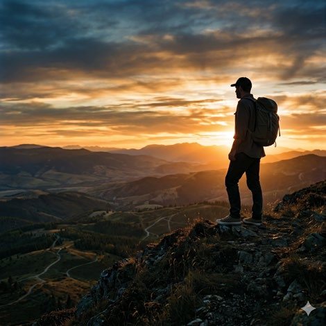 Trekker watching sunrise over the Western Ghats